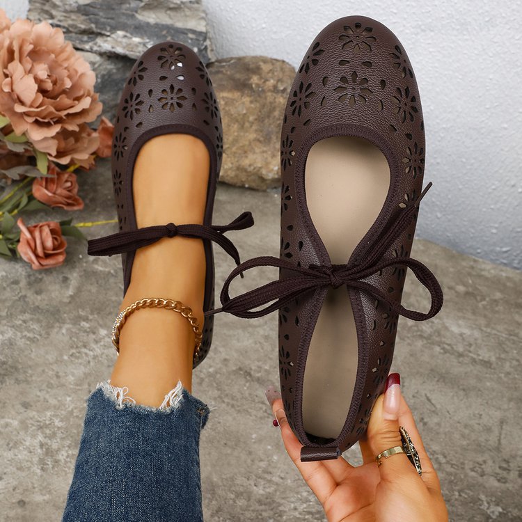 Ladies Breathable Perforated Floral Flat Shoes Casual Walking Daily Footwear