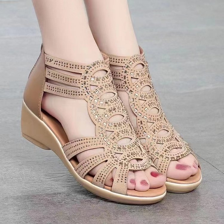 2026 Summer New Roman Style Rhinestone Peep-toe Wedge Heel Sandals for Middle-aged Women