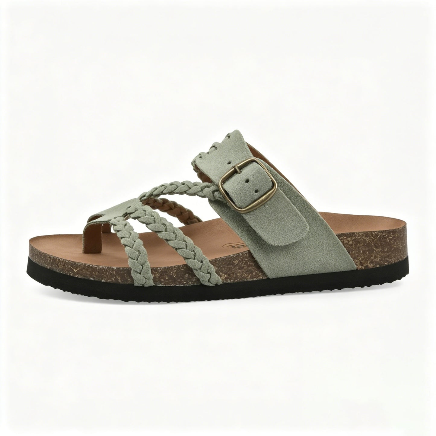 Women's Braided Leather Cork Footbed Sandals, Adjustable Buckle, Arch Support Orthopedic Slides