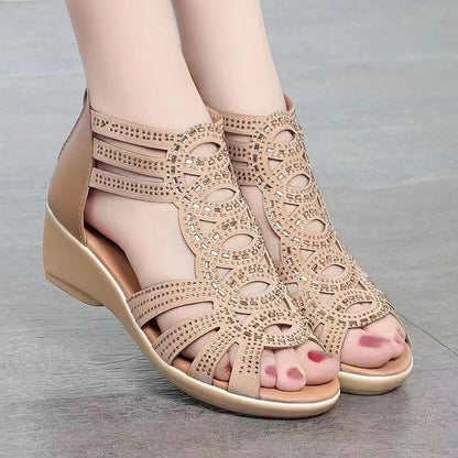 Comfortable Nude Hollow-out Wedge Sandals for Daily Casual Wear