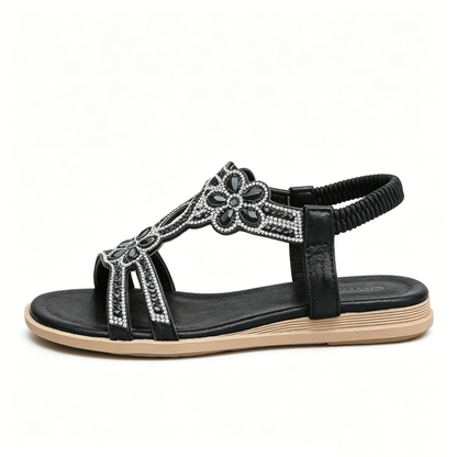 Women's Rhinestone Flower Flat Sandals, Elastic Back Strap Bohemian Summer Sandals Multi-Color Sparkly Open-Toe Shoes