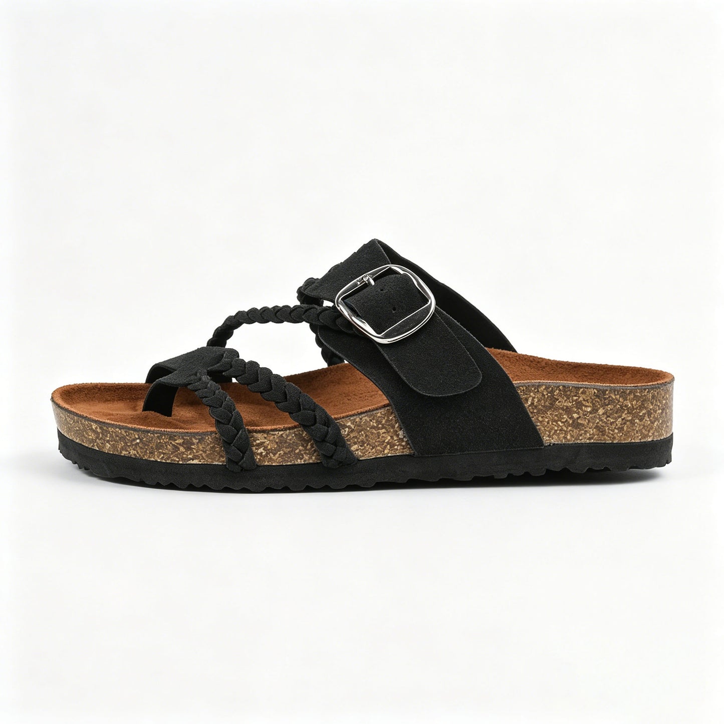 Women's Braided Leather Cork Footbed Sandals, Adjustable Buckle, Arch Support Orthopedic Slides