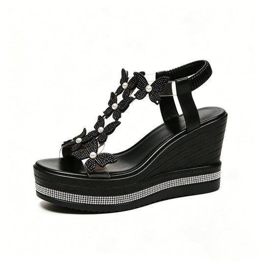 Women's Rhinestone Butterfly Wedge Sandals with Arch Support