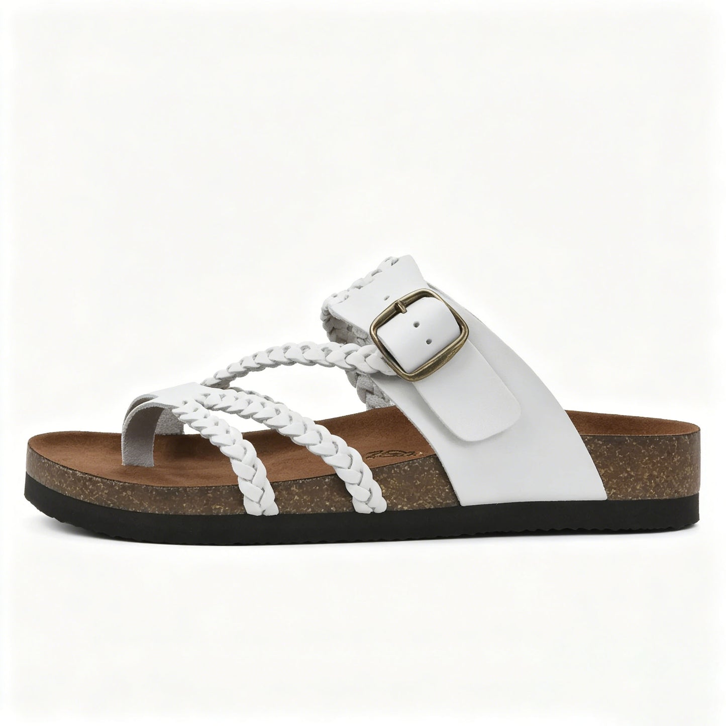 Women's Braided Leather Cork Footbed Sandals, Adjustable Buckle, Arch Support Orthopedic Slides
