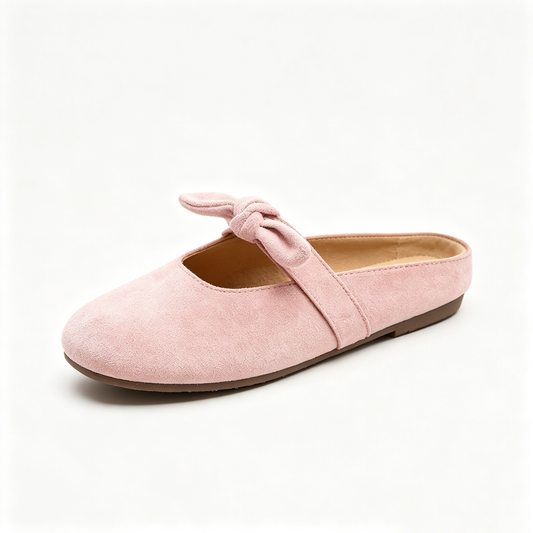 Sweet Bow Suede Backless Mules | Minimalist Round Toe Flat Slides for Summer