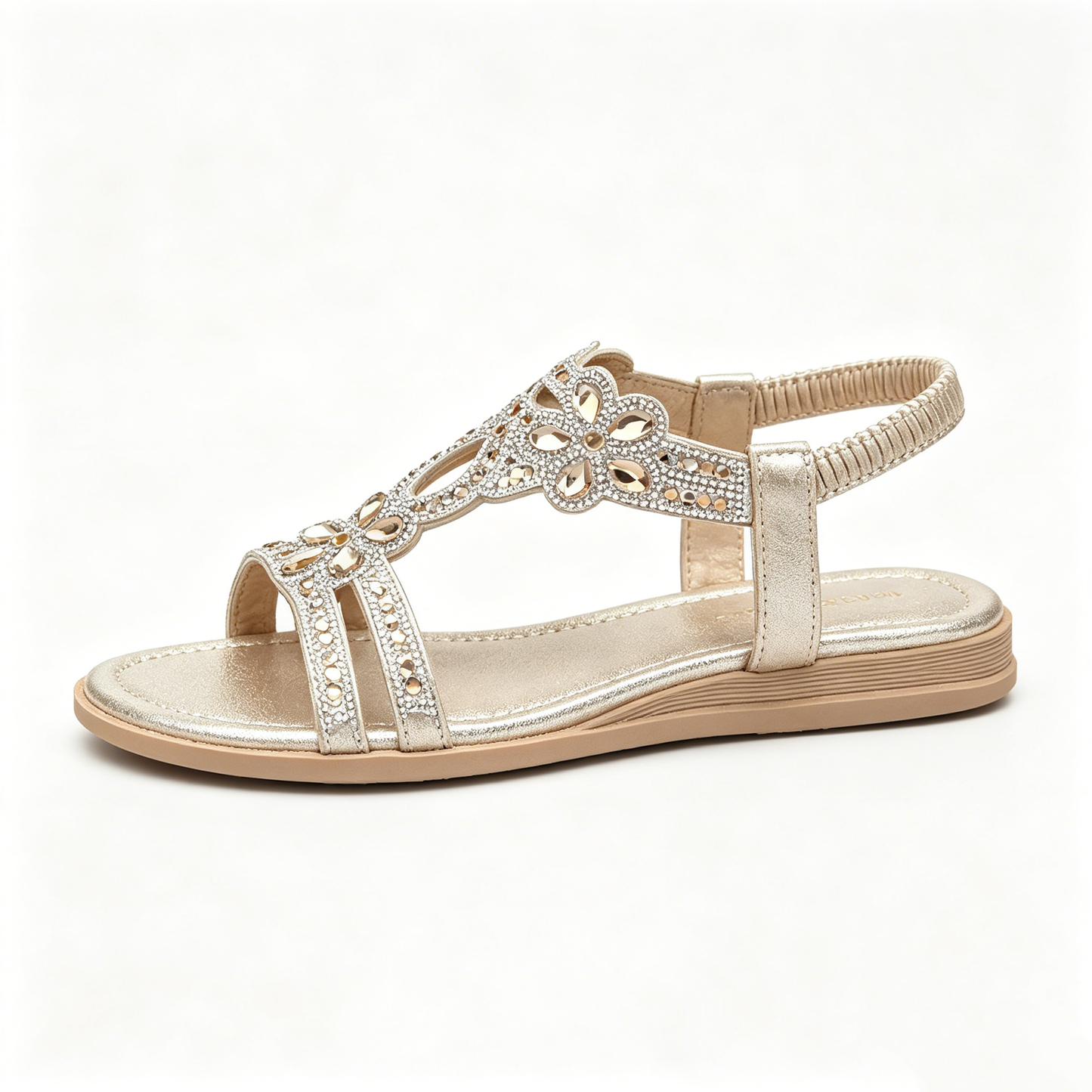 Women's Rhinestone Flower Flat Sandals, Elastic Back Strap Bohemian Summer Sandals Multi-Color Sparkly Open-Toe Shoes
