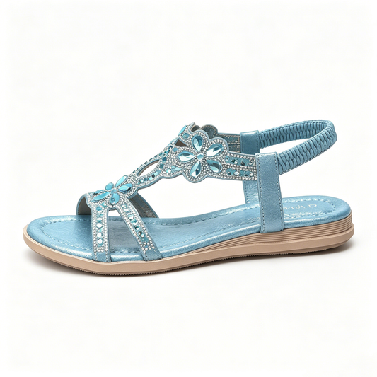 Women's Rhinestone Flower Flat Sandals, Elastic Back Strap Bohemian Summer Sandals Multi-Color Sparkly Open-Toe Shoes