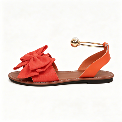 Women's Summer New Style Metal Buckle Single-Strap Flat Sandals with Bowknot and Pearl Versatile Casual Beach Sandals