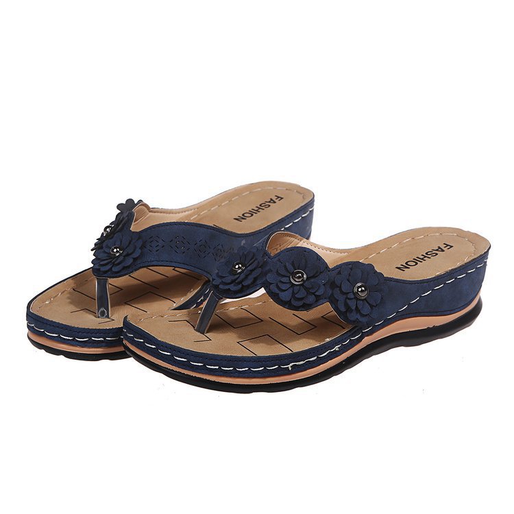Women's Pink Floral Wedge Flip Flops, Bohemian 3D Flower Comfort Low Wedge Sandals, Casual Summer Beach Slides