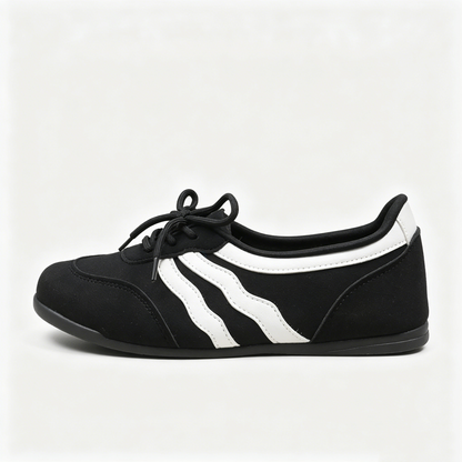 Women's Retro Lace-Up Ballet Sneakers, Black & White Stripe Casual Flat Shoes, Lightweight Comfortable Daily Wear Footwear