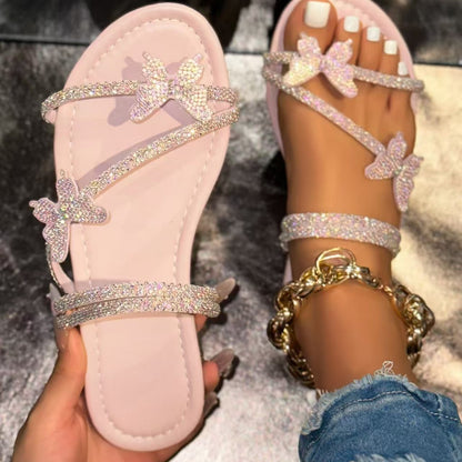 Women's Rhinestone Butterfly Slide Sandals, Shiny Crystal Flat Slippers, Glamorous Summer Open-Toe Sandals