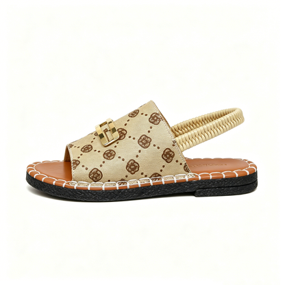 Women's Denim Flat Sandals, Elastic Back Strap with Gold Buckle, Casual Summer Slip-On Sandals