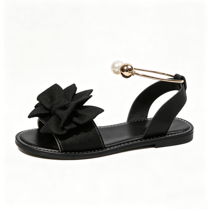Women's Summer New Style Metal Buckle Single-Strap Flat Sandals with Bowknot and Pearl Versatile Casual Beach Sandals