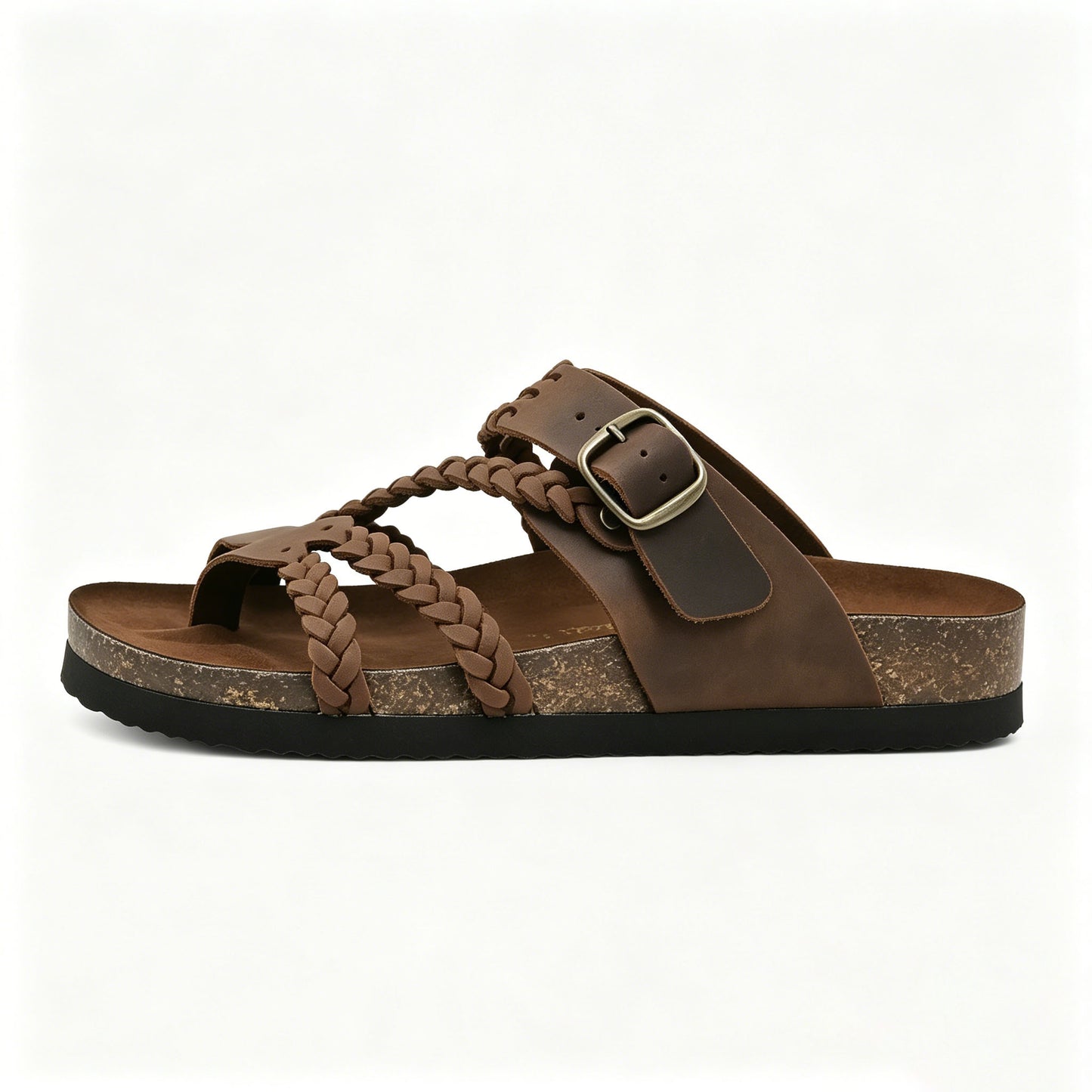 Women's Braided Leather Cork Footbed Sandals, Adjustable Buckle, Arch Support Orthopedic Slides