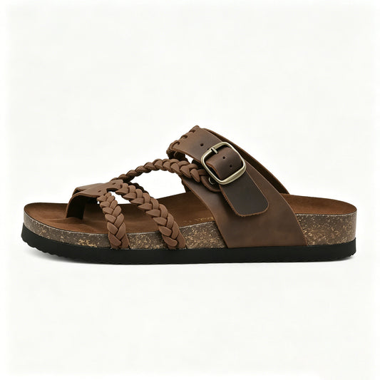 Women's Braided Leather Cork Footbed Sandals, Adjustable Buckle, Arch Support Orthopedic Slides