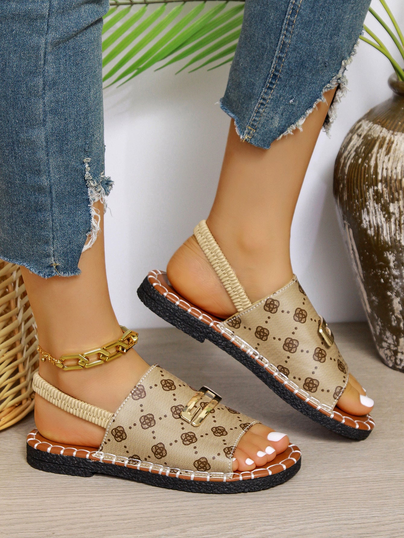 Women's Denim Flat Sandals, Elastic Back Strap with Gold Buckle, Casual Summer Slip-On Sandals