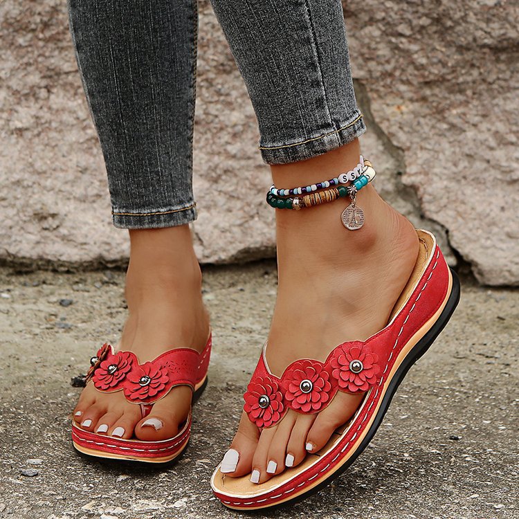 Women's Pink Floral Wedge Flip Flops, Bohemian 3D Flower Comfort Low Wedge Sandals, Casual Summer Beach Slides