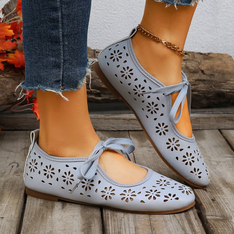 Ladies Breathable Perforated Floral Flat Shoes Casual Walking Daily Footwear
