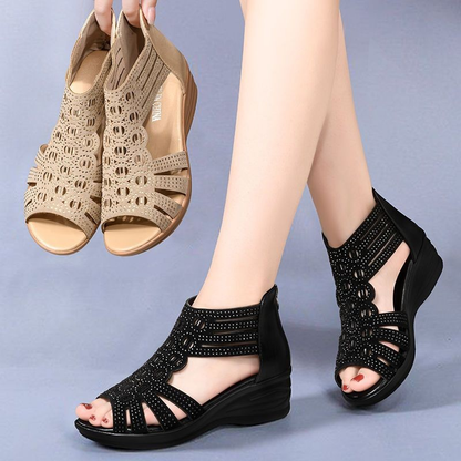 2026 Summer New Roman Style Rhinestone Peep-toe Wedge Heel Sandals for Middle-aged Women