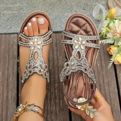 Women's Rhinestone Flower Flat Sandals, Elastic Back Strap Bohemian Summer Sandals Multi-Color Sparkly Open-Toe Shoes