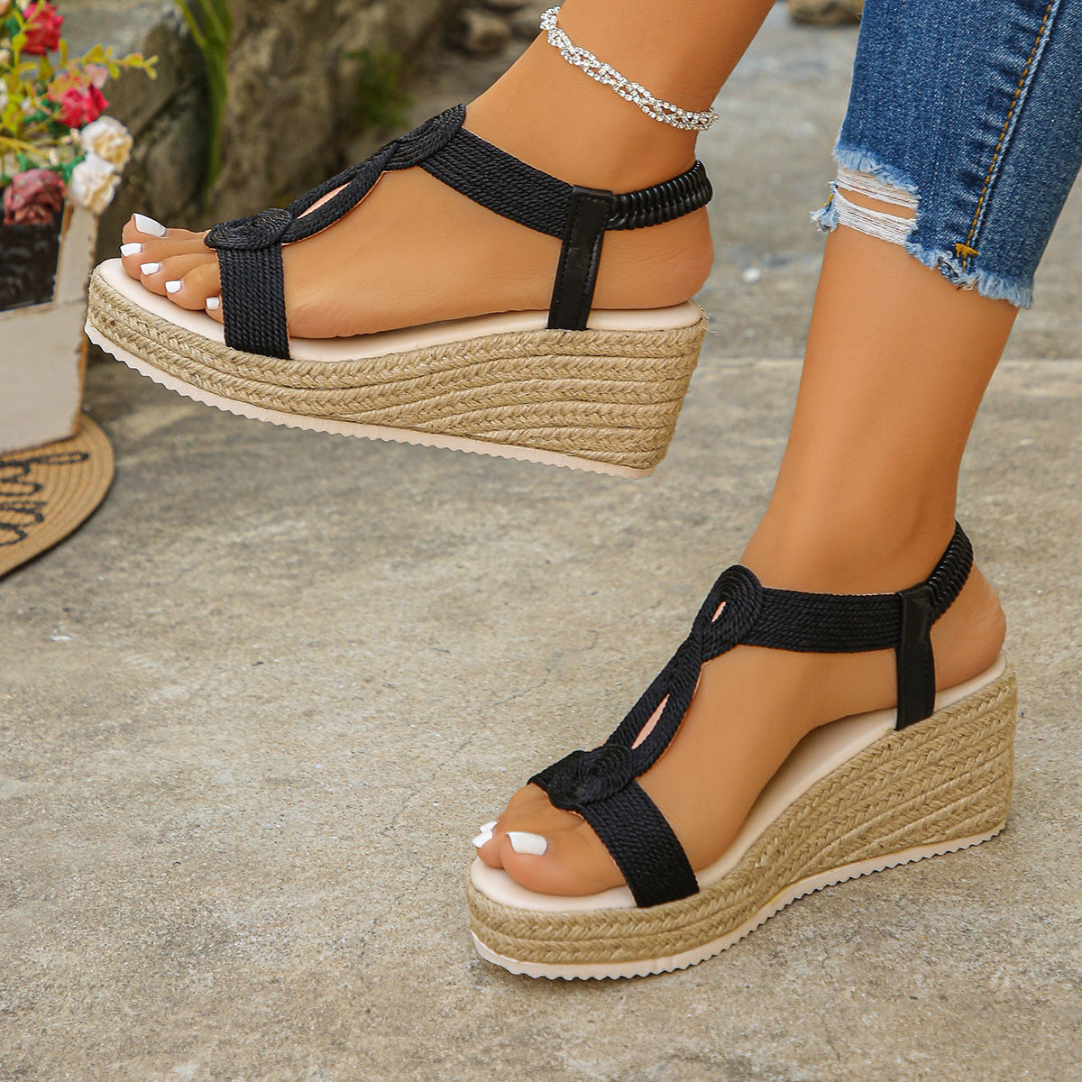 Vacation Essential Knotted Strap Platform Wedges, Lightweight Espadrille Sandals