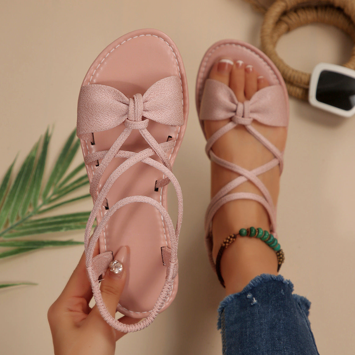 Knot-Front Elastic Ankle Sandals – Easy Slip-On with Arch Support