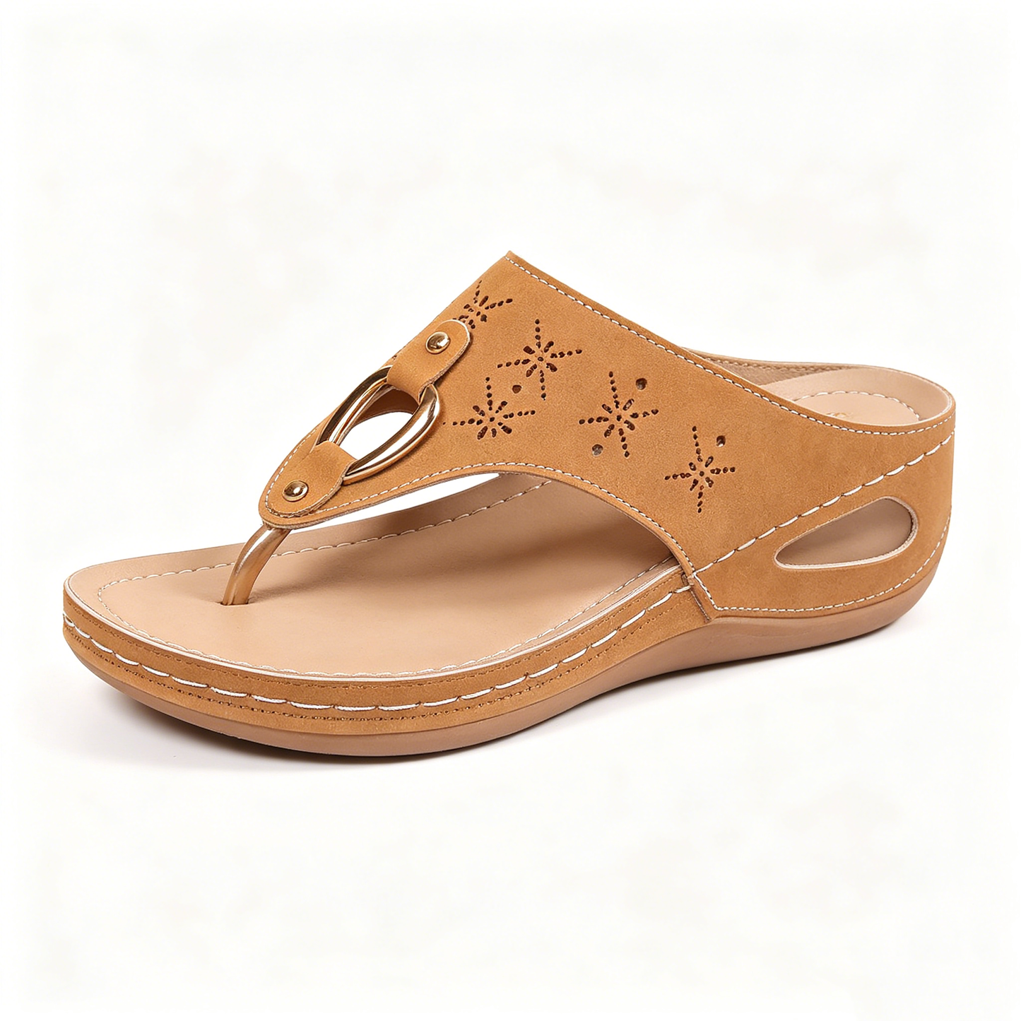 Boho Stitched Comfort Wedge Flip Flops, All-Day Cushioned Beach Footwear
