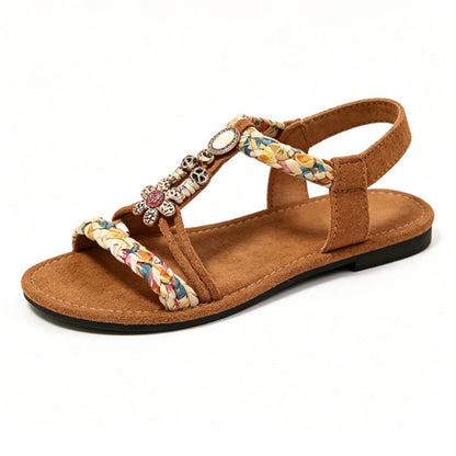 Bohemian Bead T-Strap Flat Sandals with Built-In Arch Support & Slip-On Convenience