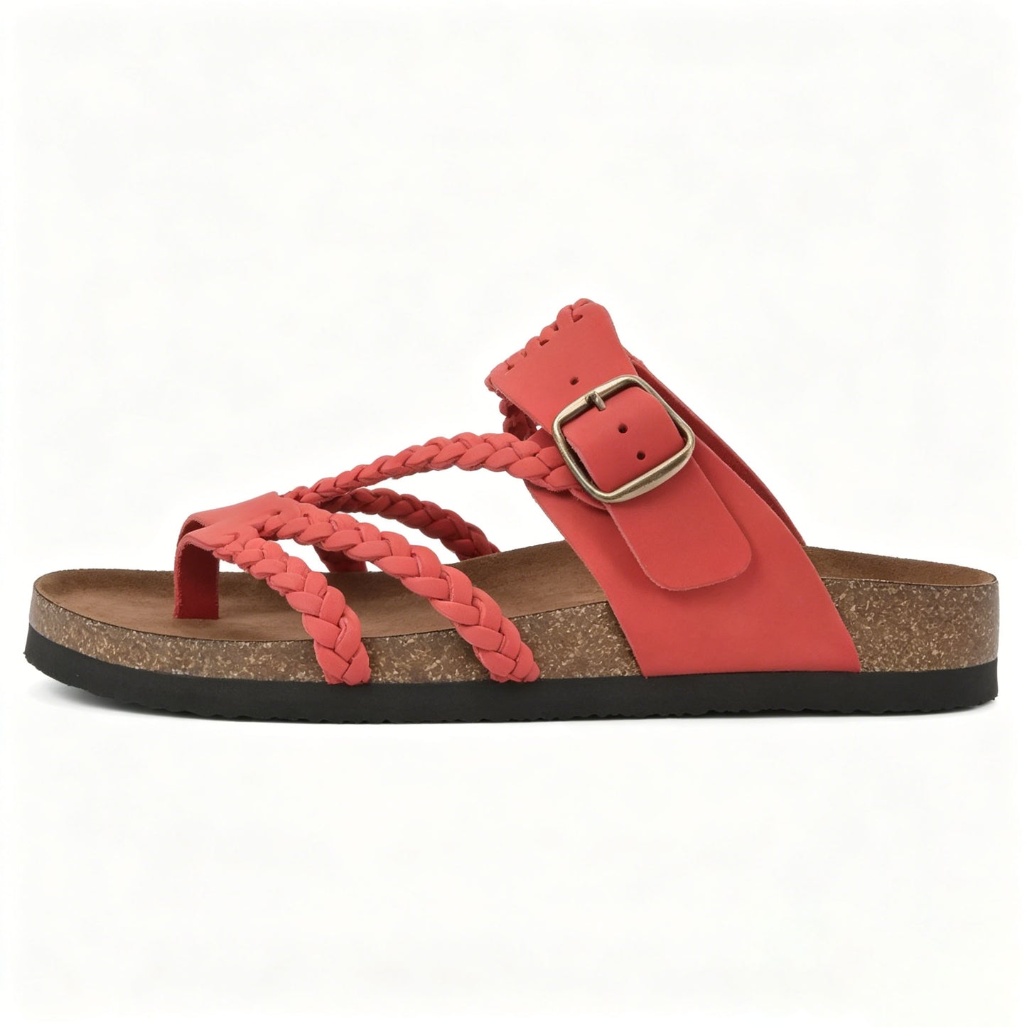 Women's Braided Leather Cork Footbed Sandals, Adjustable Buckle, Arch Support Orthopedic Slides