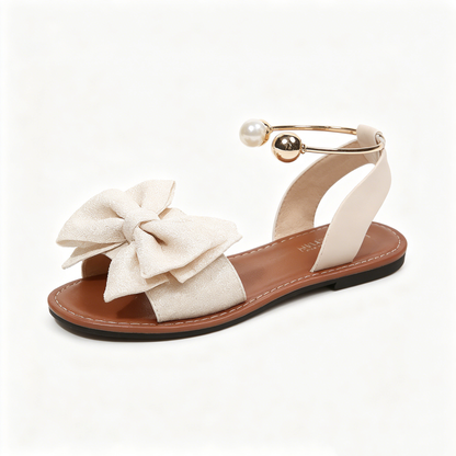 Women's Summer New Style Metal Buckle Single-Strap Flat Sandals with Bowknot and Pearl Versatile Casual Beach Sandals