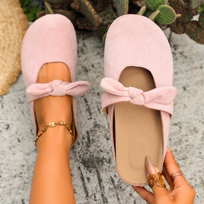 Sweet Bow Suede Backless Mules | Minimalist Round Toe Flat Slides for Summer