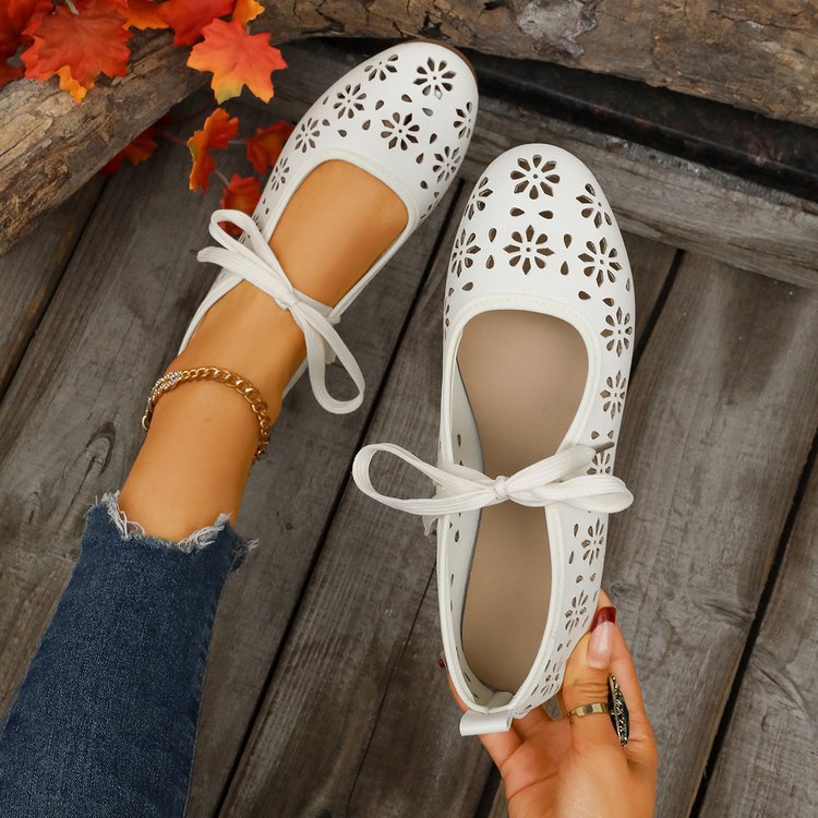 Ladies Breathable Perforated Floral Flat Shoes Casual Walking Daily Footwear