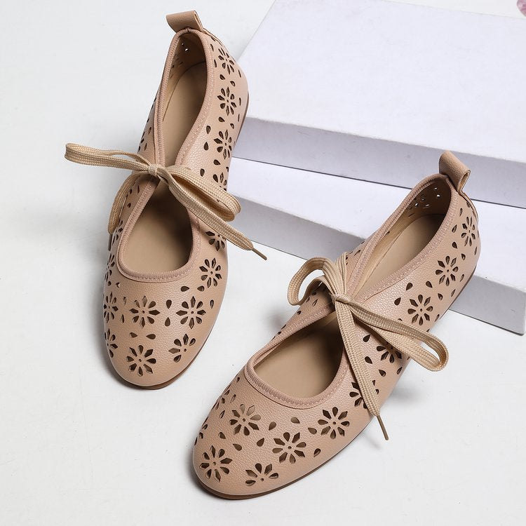 Ladies Breathable Perforated Floral Flat Shoes Casual Walking Daily Footwear