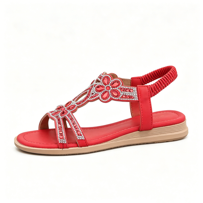 Women's Rhinestone Flower Flat Sandals, Elastic Back Strap Bohemian Summer Sandals Multi-Color Sparkly Open-Toe Shoes
