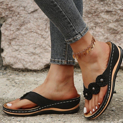 Women's Pink Floral Wedge Flip Flops, Bohemian 3D Flower Comfort Low Wedge Sandals, Casual Summer Beach Slides