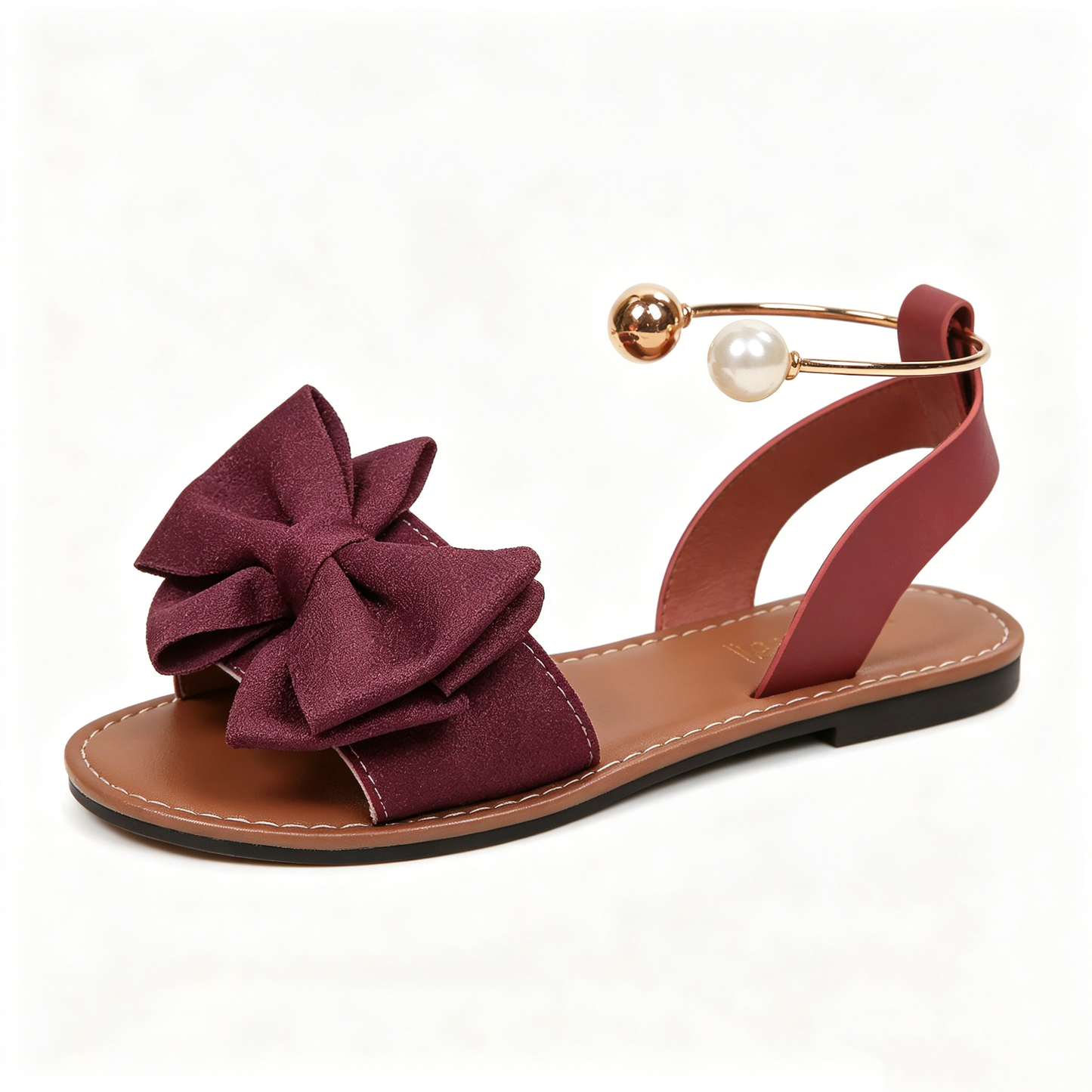 Women's Summer New Style Metal Buckle Single-Strap Flat Sandals with Bowknot and Pearl Versatile Casual Beach Sandals