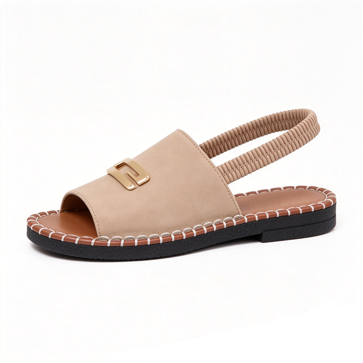 Women's Denim Flat Sandals, Elastic Back Strap with Gold Buckle, Casual Summer Slip-On Sandals