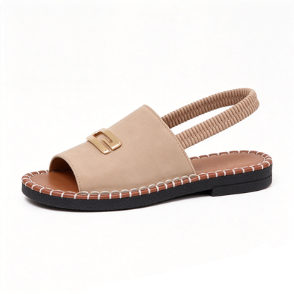 Women's Denim Flat Sandals, Elastic Back Strap with Gold Buckle, Casual Summer Slip-On Sandals