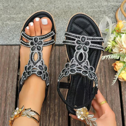 Women's Rhinestone Flower Flat Sandals, Elastic Back Strap Bohemian Summer Sandals Multi-Color Sparkly Open-Toe Shoes