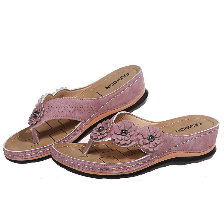 Women's Pink Floral Wedge Flip Flops, Bohemian 3D Flower Comfort Low Wedge Sandals, Casual Summer Beach Slides
