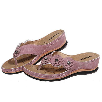 Women's Pink Floral Wedge Flip Flops, Bohemian 3D Flower Comfort Low Wedge Sandals, Casual Summer Beach Slides