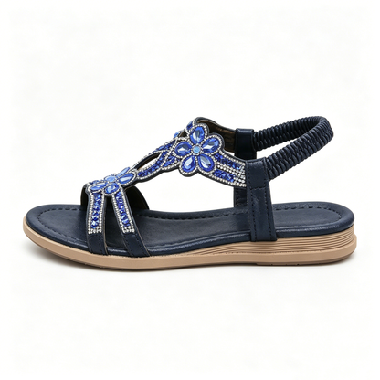 Women's Rhinestone Flower Flat Sandals, Elastic Back Strap Bohemian Summer Sandals Multi-Color Sparkly Open-Toe Shoes