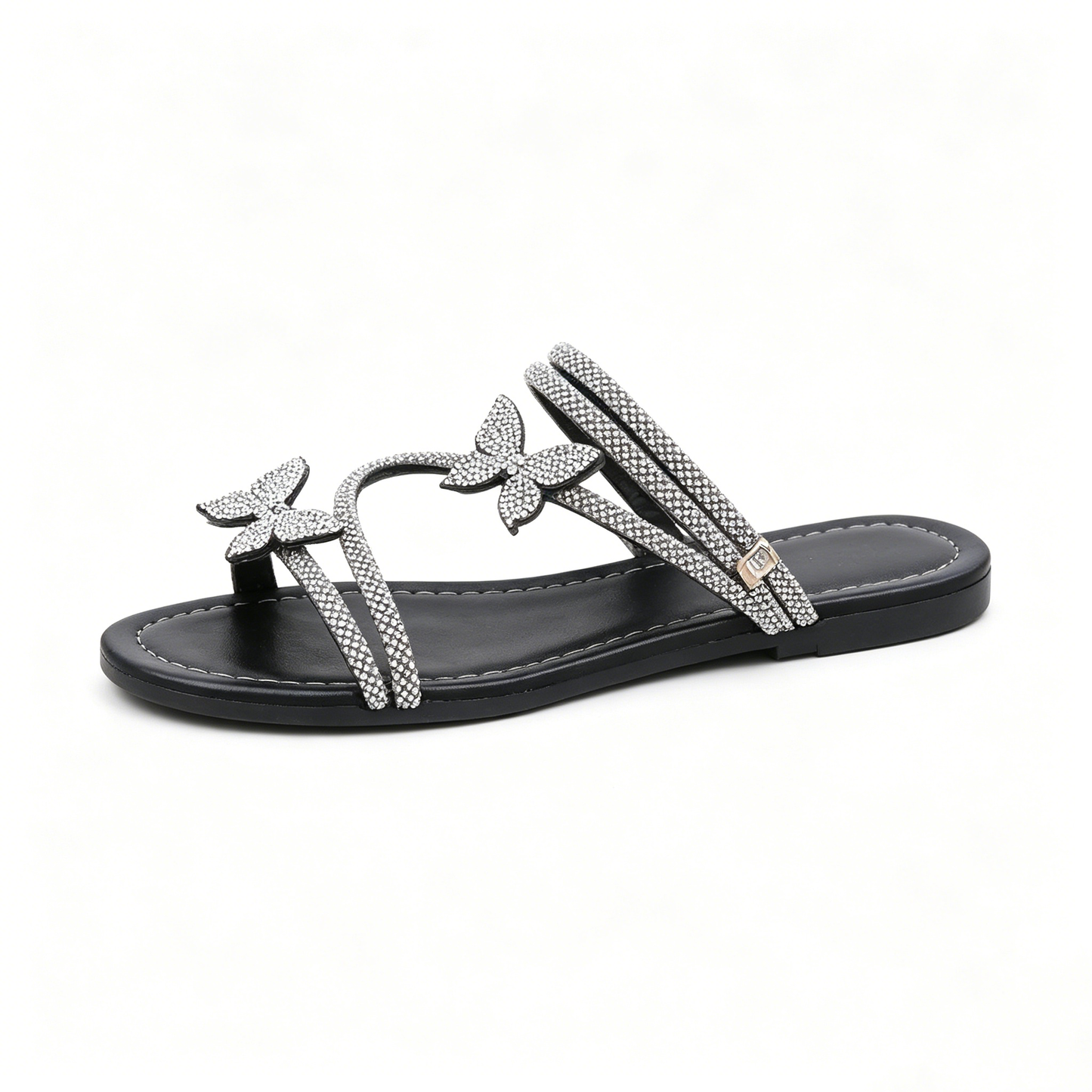 Women's Rhinestone Butterfly Slide Sandals, Shiny Crystal Flat Slippers, Glamorous Summer Open-Toe Sandals