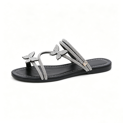 Women's Rhinestone Butterfly Slide Sandals, Shiny Crystal Flat Slippers, Glamorous Summer Open-Toe Sandals