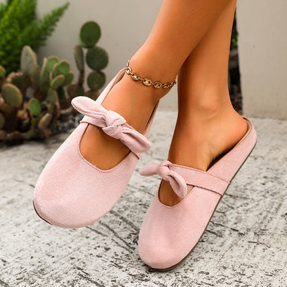 Sweet Bow Suede Backless Mules | Minimalist Round Toe Flat Slides for Summer