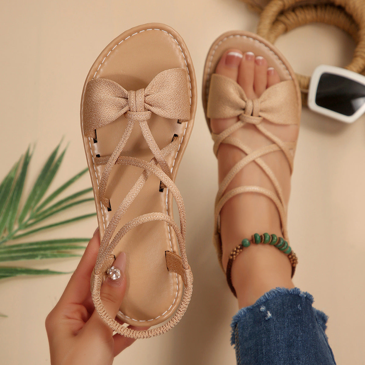 Knot-Front Elastic Ankle Sandals – Easy Slip-On with Arch Support