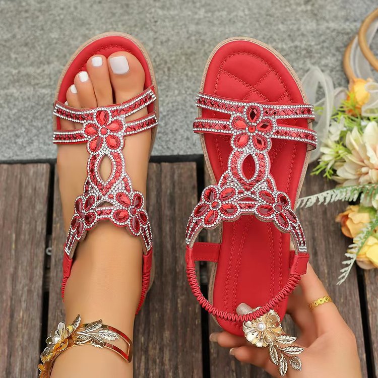 Women's Rhinestone Flower Flat Sandals, Elastic Back Strap Bohemian Summer Sandals Multi-Color Sparkly Open-Toe Shoes