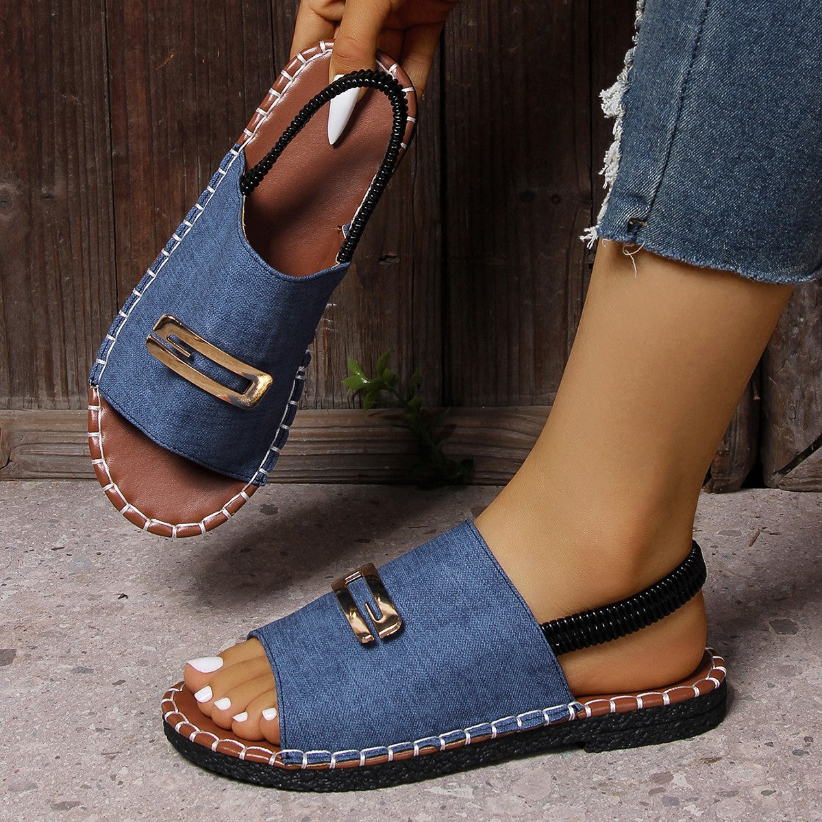Women's Denim Flat Sandals, Elastic Back Strap with Gold Buckle, Casual Summer Slip-On Sandals