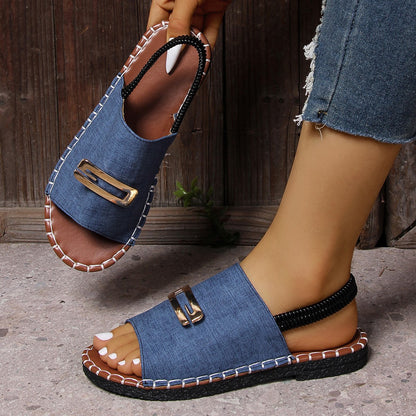 Women's Denim Flat Sandals, Elastic Back Strap with Gold Buckle, Casual Summer Slip-On Sandals