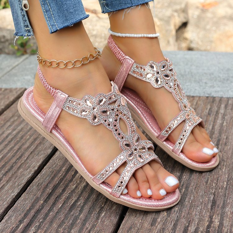 Women's Rhinestone Flower Flat Sandals, Elastic Back Strap Bohemian Summer Sandals Multi-Color Sparkly Open-Toe Shoes